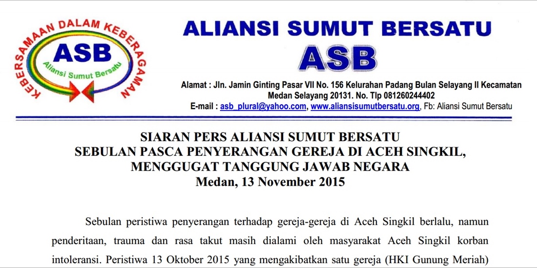 Siaran Pers Sebulan Peristiwa Aceh Singkil ASB